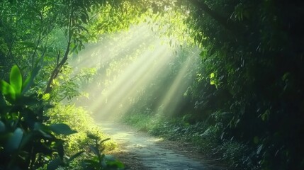 Obraz premium Sunbeams Illuminating a Mystical Forest Path