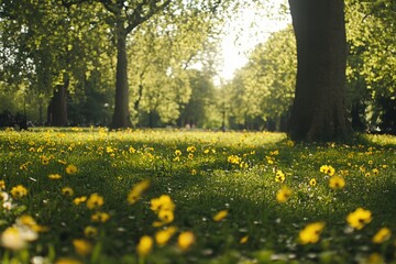 Obraz premium Lush Green Park with Sunlight and Vibrant Yellow Flowers in Tranquil Nature Setting