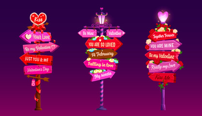 Cartoon Valentine day wooden sign board or holiday love signage, vector romantic symbols. Valentine day signboards with direction arrows and love quotes, heart lanterns or rose flowers and kisses