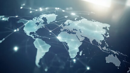 Obraz premium light blue background with a digital world map and global network connections, representing the concept of international business or connectivity