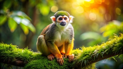 Fototapeta premium Adorable Squirrel Monkey Perched on a Lush Green Tree Branch