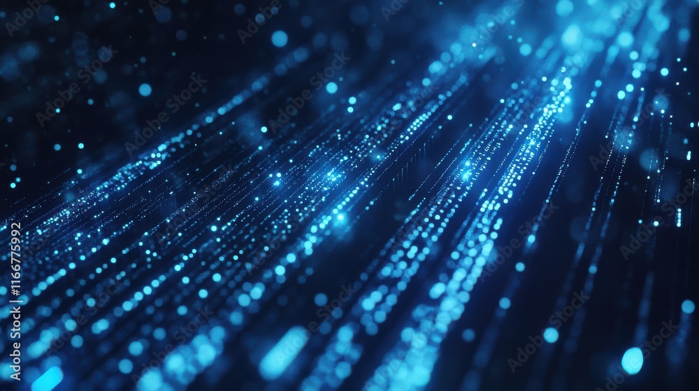 Poster blue binary code background with glowing lights and data flowing, technology concept