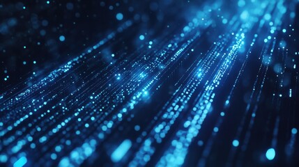 Obraz premium Blue binary code background with glowing lights and data flowing, technology concept