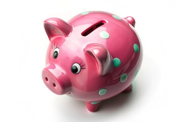 Aerial View of Single Ceramic Piggy Bank Isolated on White Background - Savings, Finance Concept