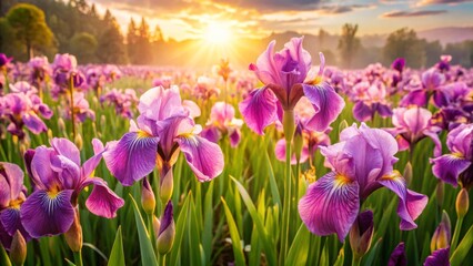 Fototapeta premium Aerial View of Sparkling Rose Purple Iris Flowers Field