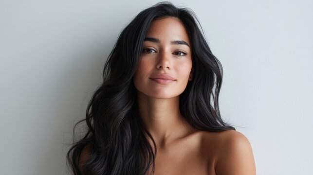 woman with luxurious, long hair styled in voluminous waves, displaying a seamless blend of hues from shatush and balayage coloring, with a serene expression and a simple