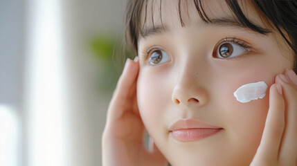 Japanese girl applying cream to face for facial beauty skin care treatment