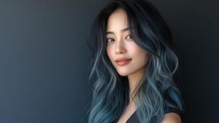 Naklejka premium woman with luxurious, long hair styled in voluminous waves, displaying a seamless blend of hues from shatush and balayage coloring, with a serene expression and a simple