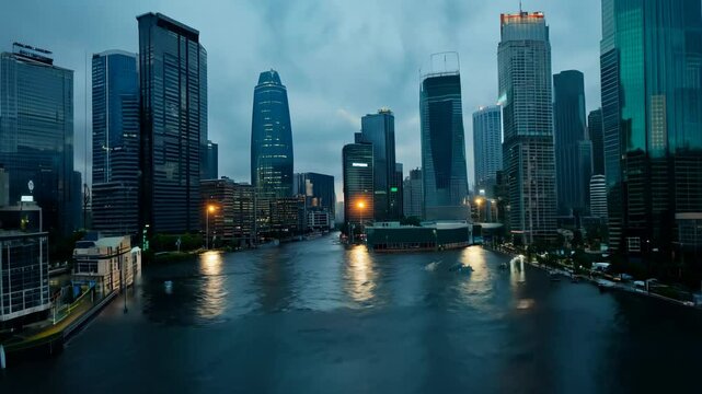 The camera zooms in on a city skyline overtaken by floodwaters under low key lighting, with skyscrapers above the waterline and streets submerged
