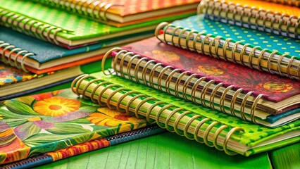 Colorful Recycled Notebooks on Green Background - Sustainable Eco-Friendly Stationery