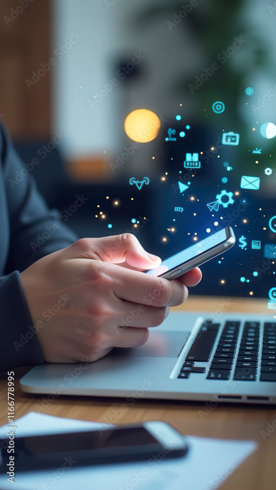 Poster businessman using smartphone with digital icons hovering above