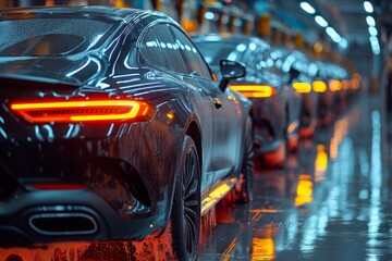 A row of cars receiving automated care in a modern car wash facility with colorful brushes and foam. Generative AI