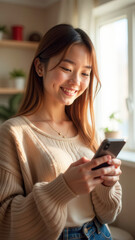 Young woman using smartphone, browsing internet and smiling at home