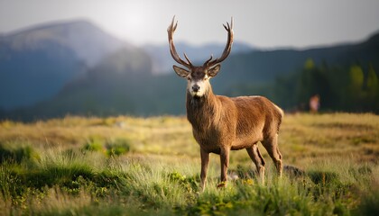 deer animal standing on meadow and looking at the camera; wild animals, wildlife, nature concept