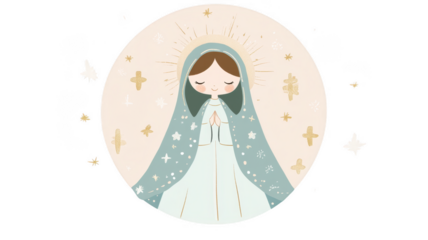 kawaii style Virgin Mary logo with serene expression, surrounded by stars and crosses, in soft pastel colors