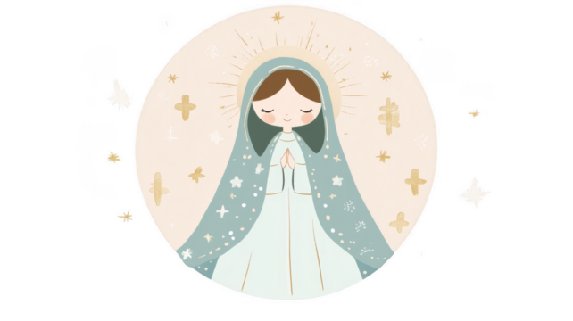 kawaii style Virgin Mary logo with serene expression, surrounded by stars and crosses, in soft pastel colors