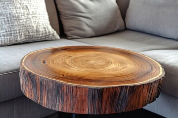 Rustic Wooden Table Close-Up in Modern Living Room with Soft Gray Couch