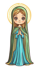 kawaii style illustration of serene Virgin Mary with halo, wearing blue and green robe, hands in prayer. design is cute and colorful, capturing peaceful expression