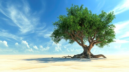 Isolated Tree in a Bright Desert Landscape Under Clear Sky