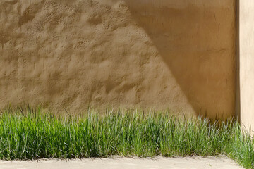 smooth adobe wall with streaks of rain and green grass at base creates serene and natural atmosphere. warm tones of wall contrast beautifully with vibrant greenery