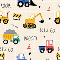 Seamless vector pattern with cute cars - Truck, tractor, cargo crane, bulldozer, excavator. Drawing for children's textiles with cars and vehicles for boys. Kids car background. Scandinavian style