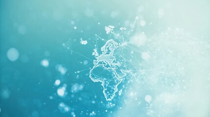 light blue background with a digital world map and global network connections, representing the concept of international business or connectivity
