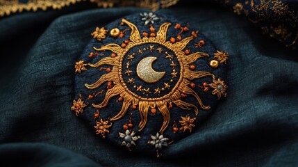 Intricate Embroidery of Sun and Moon Design on Fabric Background