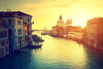 Grand Canal with Basilica di Santa Maria della Salute at sunset, Venice, Italy