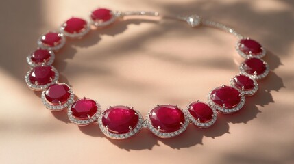 Elegant Red Gemstone Necklace with Diamond Accents in Soft Light