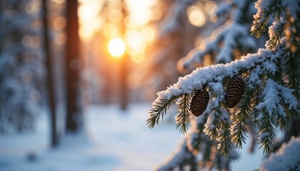 Pine cones covered in snow on a branch with a beautiful sunset in the background
