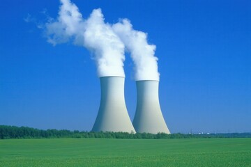 Twin Cooling Towers Emitting Steam Against Clear Blue Sky Over Lush Green Landscape
