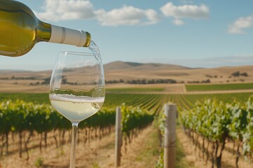 Pouring White Wine into Glass with Vineyard Landscape Under Clear Blue Sky