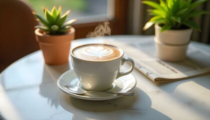 Cup of coffee cappuccino close-up cafe breakfas