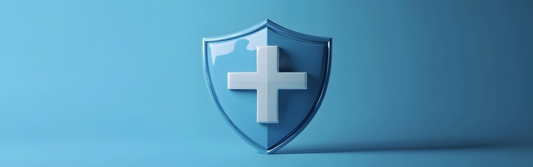 Obraz premium Blue Shield with White Cross Protecting Healthcare Concept on Blue Background