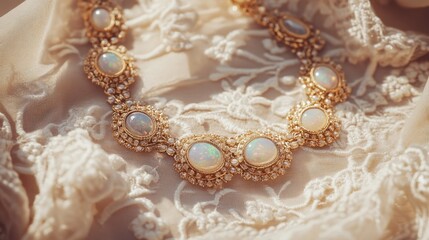 Elegant Gold Necklace with Opal Accents on Delicate Fabric Background