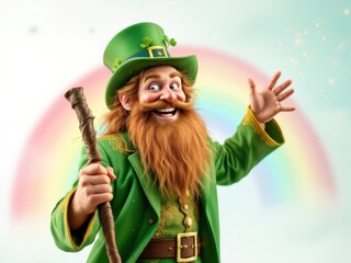 Joyful leprechaun illustration with a rainbow, creating a festive and cheerful scene, perfect for St. Patrick's Day projects.