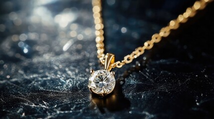 Elegant Gold Necklace with Sparkling Diamond Pendant on Dark Surface