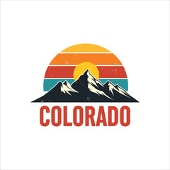 Colorado mountain logo with sunset. This graphic design showcases a vintage-inspired sunset over a majestic mountain range, perfect for apparel, merchandise, or promotional material