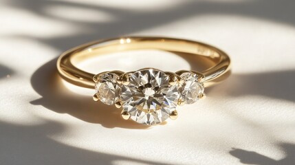 Elegant Three-Stone Gold Ring with Sparkling Diamonds in Light