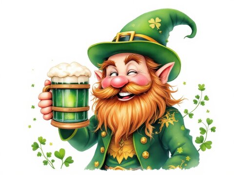 Festive leprechaun with a beer mug illustration, a joyful design for St. Patrick's Day or holiday themed designs.