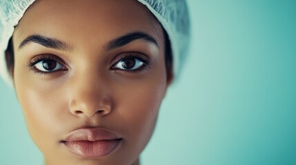 Close up portrait of a confident female healthcare professional with calm expression in a clinical setting