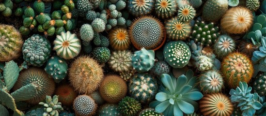 Fototapeta premium Variety of unique cacti and succulents displaying diverse shapes and textures ideal for home decor and gardening enthusiasts