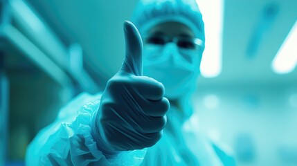 Medical Professional Highlighting Positive Attitude with Thumbs Up Gesture in a Sterile Environment
