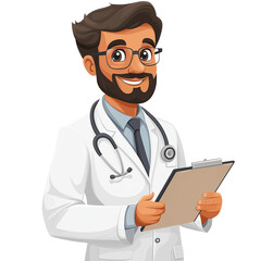 Fototapeta premium Confident Doctor with Clipboard: A friendly and professional cartoon doctor with a warm smile, ready to listen and provide care. He holds a clipboard.