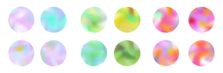 Spring gradient circle set with abstract blur and pastel tones. Vibrant pink, green, yellow, and lavender hues. Vector abstract gradient shapes for creative design.
