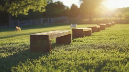 Dog agility training course in a sunny outdoor field showcasing wooden jumps on green grass with a serene atmosphere and soft sunlight.