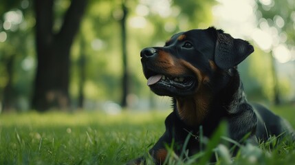 Rottweiler dog lying on green grass in a serene park setting surrounded by trees and sunlight.