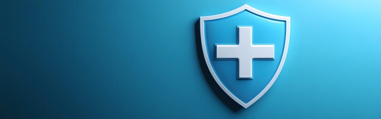 Fototapeta premium Blue Shield with White Cross Symbolizing Healthcare Protection on Blue Background