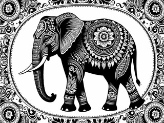 Black and white illustration of an elephant adorned with intricate mandala-style patterns