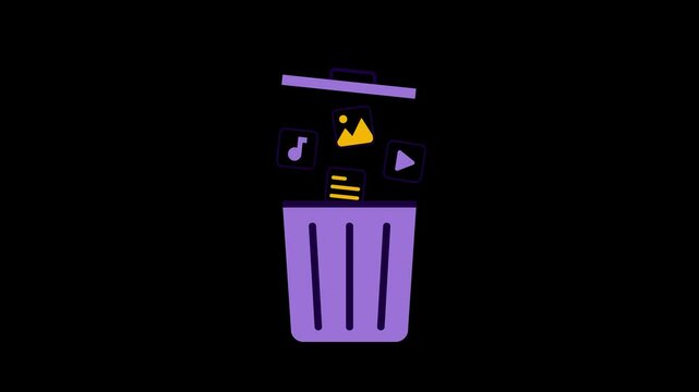 An animated illustration of a file being thrown into a purple trash can on a transparent background symbolizing deleting or cleaning files on a digital platform. Simple and modern design.